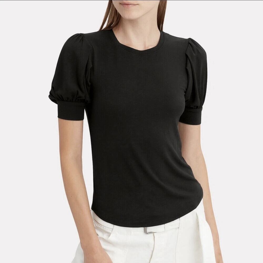 FRAME Black Noir Puff Balloon Sleeve Crewneck Modal Stretch Knit T-Shirt M